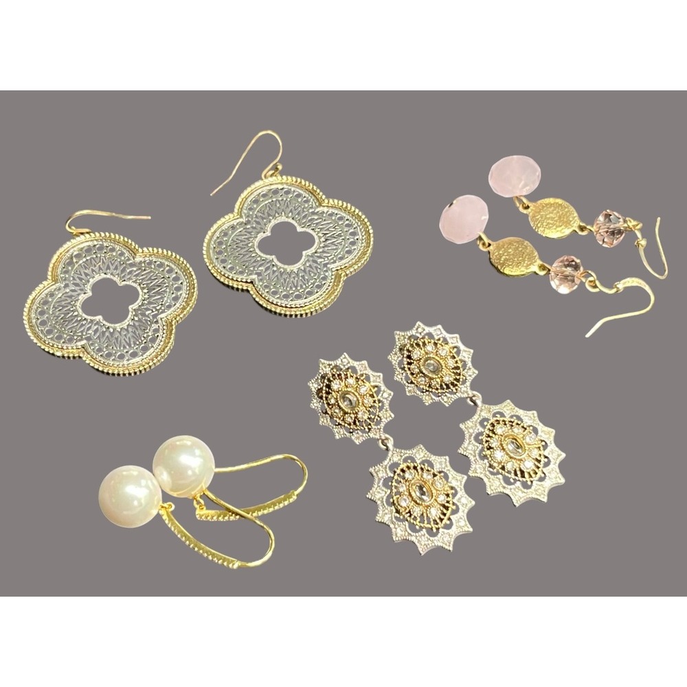 LOT OF 4 PAIRS OF EARRINGS Gold Tone Dangle Pink Silver Faux Pearls Beaded